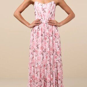 LULUS - Special Moment Pink Floral Strapless Bustier Maxi Dress